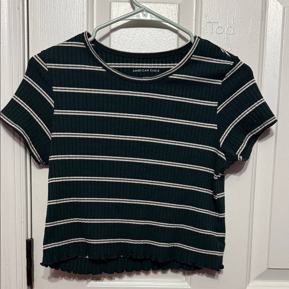 American Eagle Outfitters Dark Green Striped Short Sleeve Tee